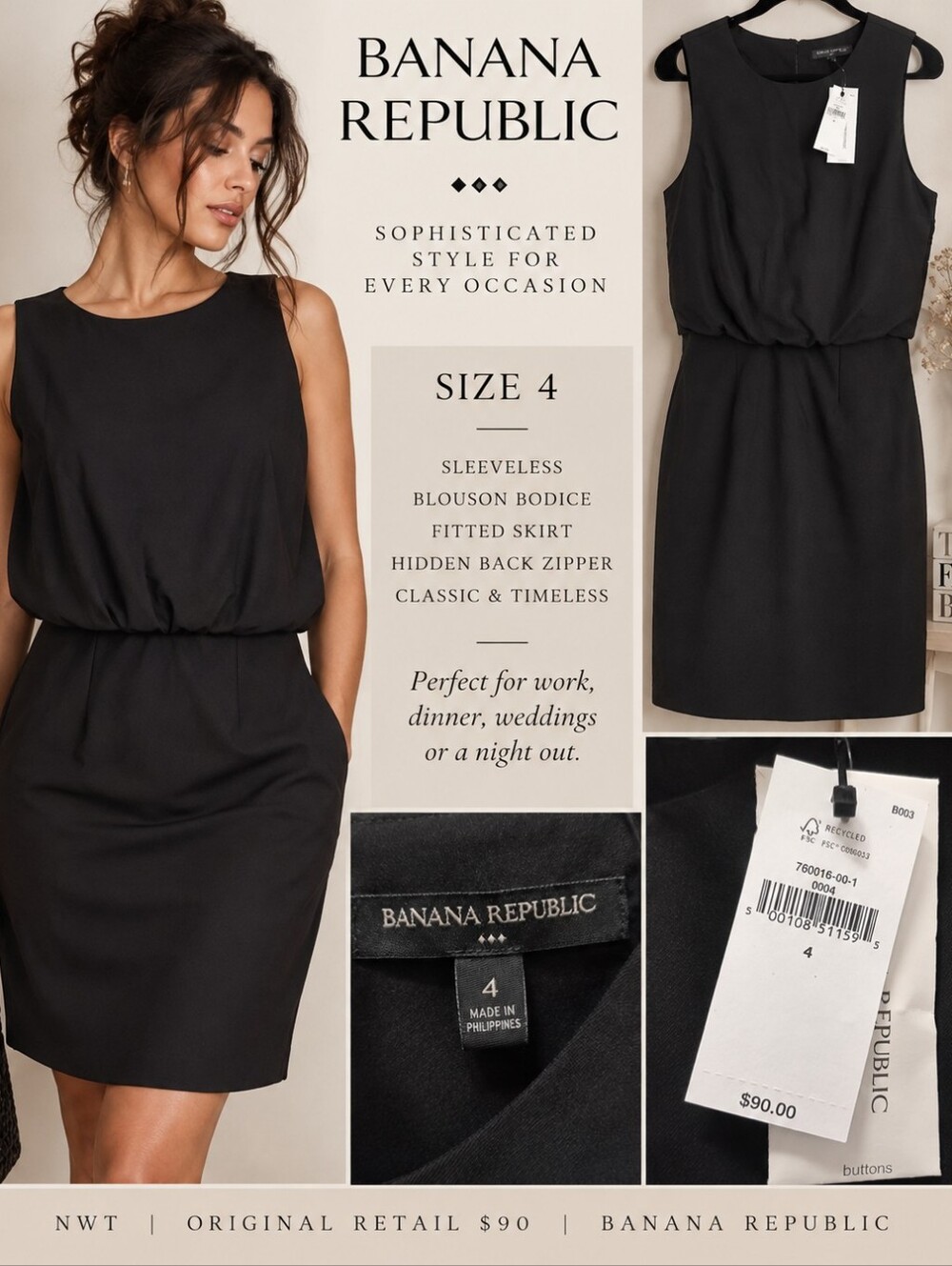 NWT Banana Republic Black Blouson Sheath Dress Size 4 Sleeveless $90